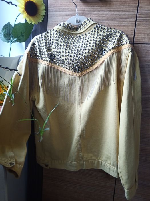 Kurtka ramoneska jeansowa ćwieki frędzle łańcuszki 42