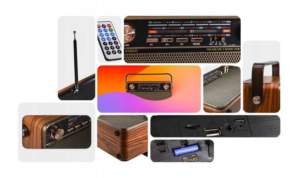 Radio VINTAGE Retro BLUETOOTH Sieciowe Akumulatorowe AUX USB PENDRIVE