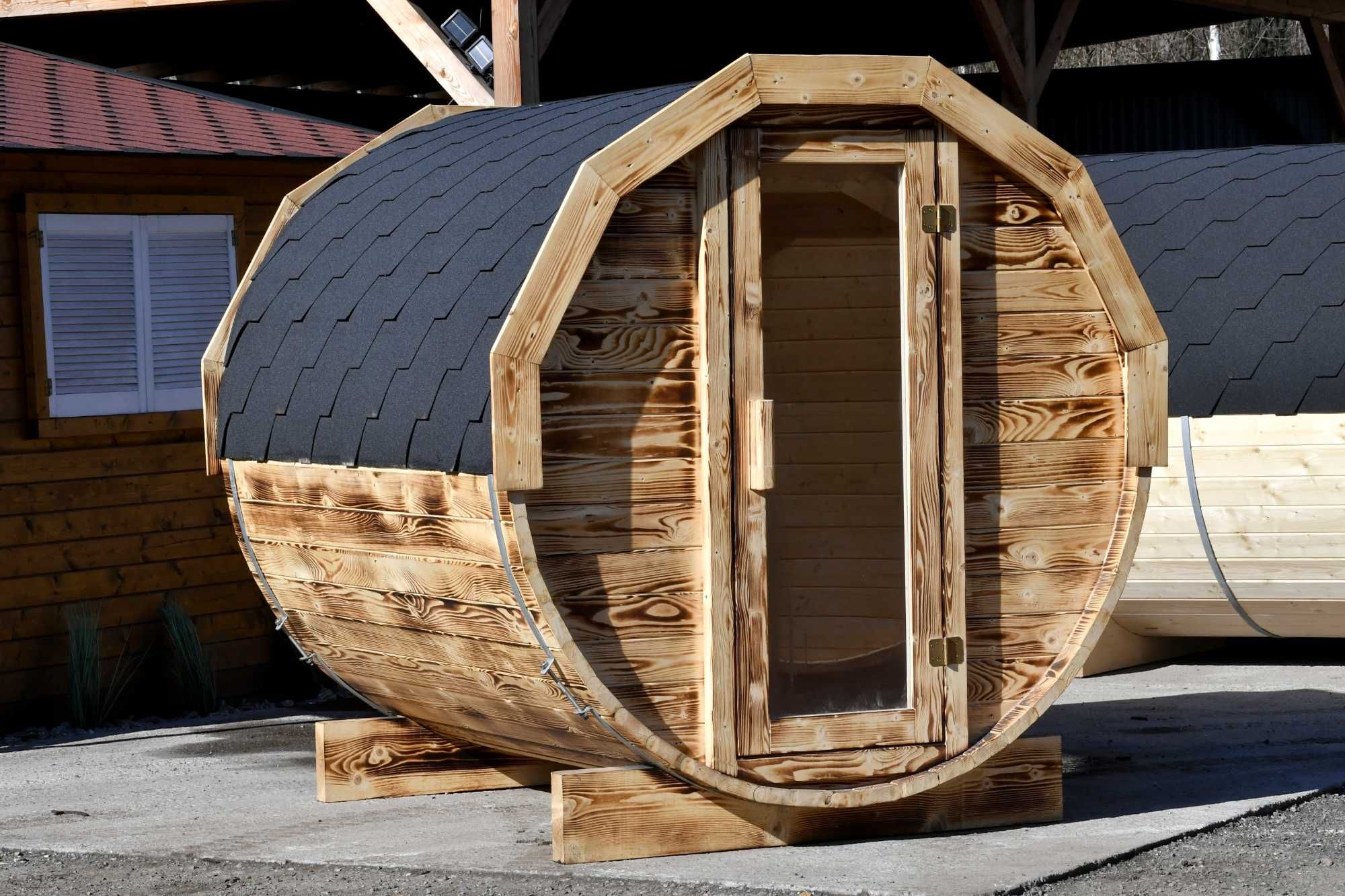 Sauna ogrodowa beczka 200 cm drewniana opalona  świerk