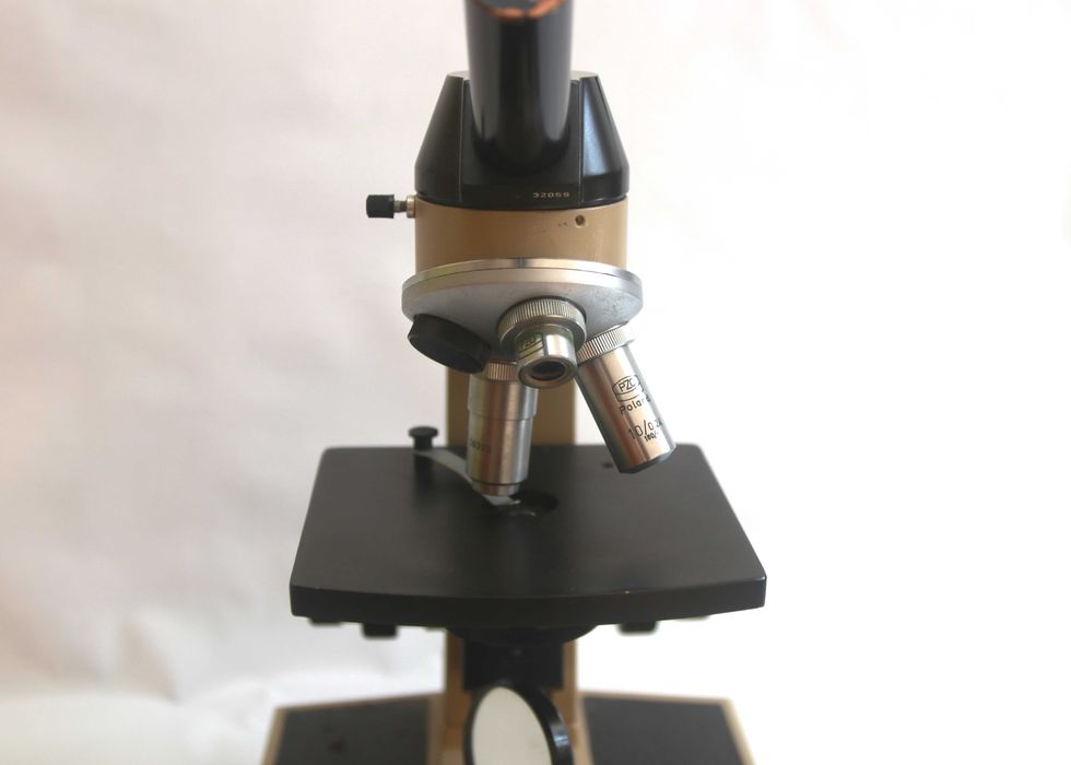 Microscópio PZO Warszawa FOC Escolar com 3 lentes