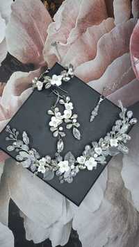 Biżuteria ślubna zestaw handmade srebrny kwiatowy z cyrkoniami