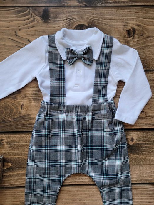 Elegancki zestaw dla chłopca na chrzest roczek urodziny muszka szelki