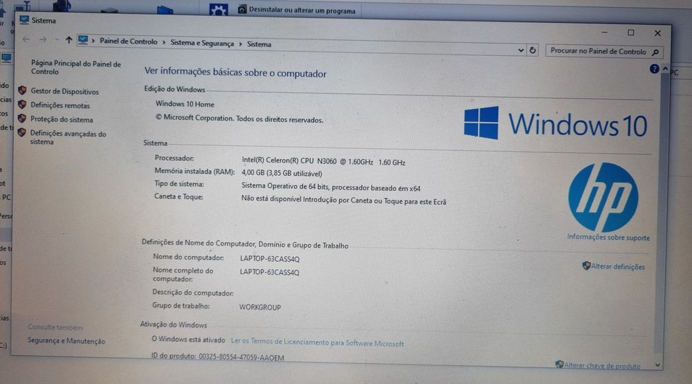 Portatil HP a trabalhar só a Bateria que não Carrega especificações na