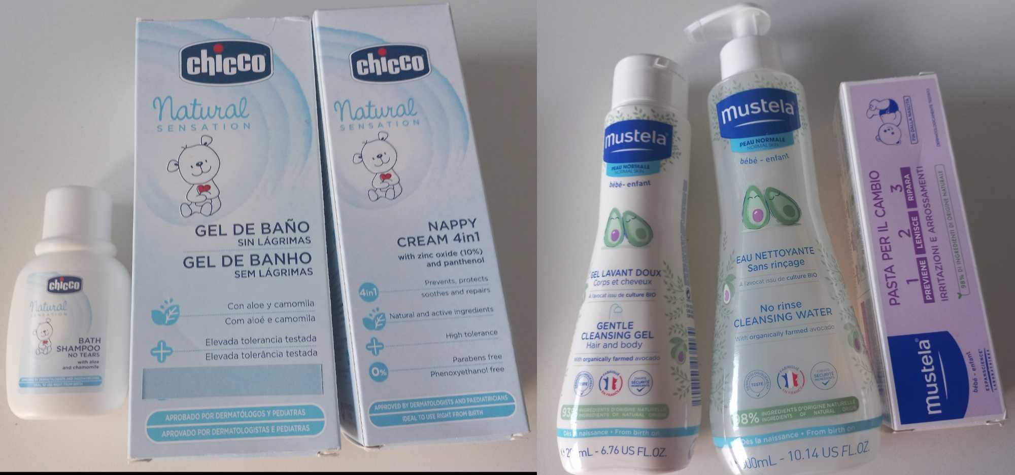 Produtos da Chicco e da Mustela (shampoo, gel banho, assaduras, outros