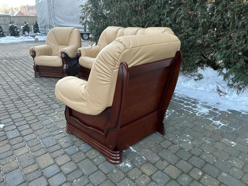 Zestaw wypoczynkowy dąb sofa fotele Nowa Naturalna skóra po renowacji
