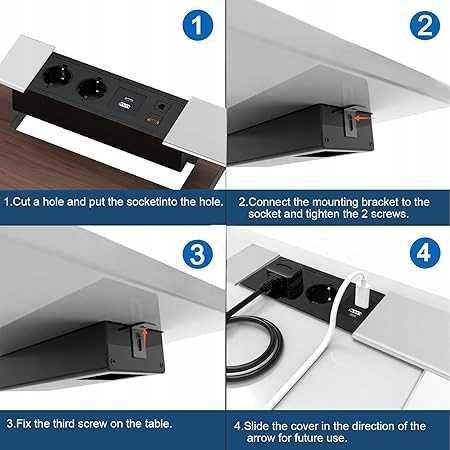 Gniazdo wpuszczane do kuchni -biura z 2 gniazdami,1 USB,1,HDMI Typ C