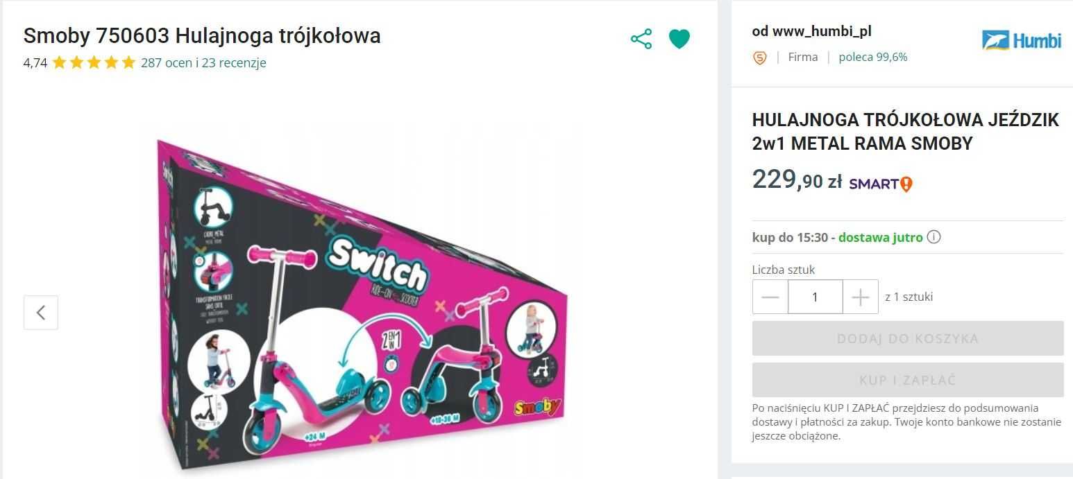 Hulajnoga trójkołowa JEŹDZIK 2w1 METAL RAMA SMOBY