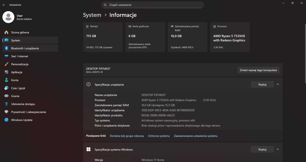 Laptop Acer Nitro V15 Ryzen 5 RTX 3050 16GB RAM 256+512GB SSD