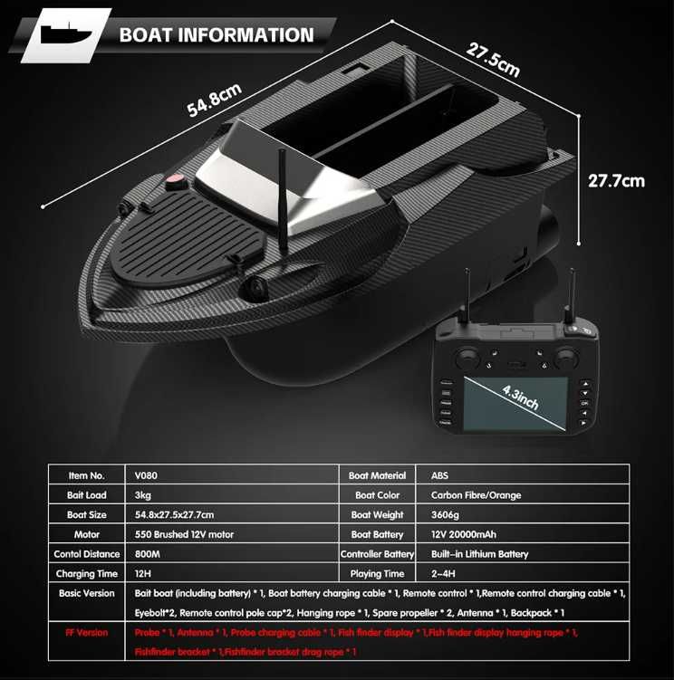 Łódka Zanętowa Echosonda Flytec V080 GPS Auto Powrót 2X Akumulator 20A