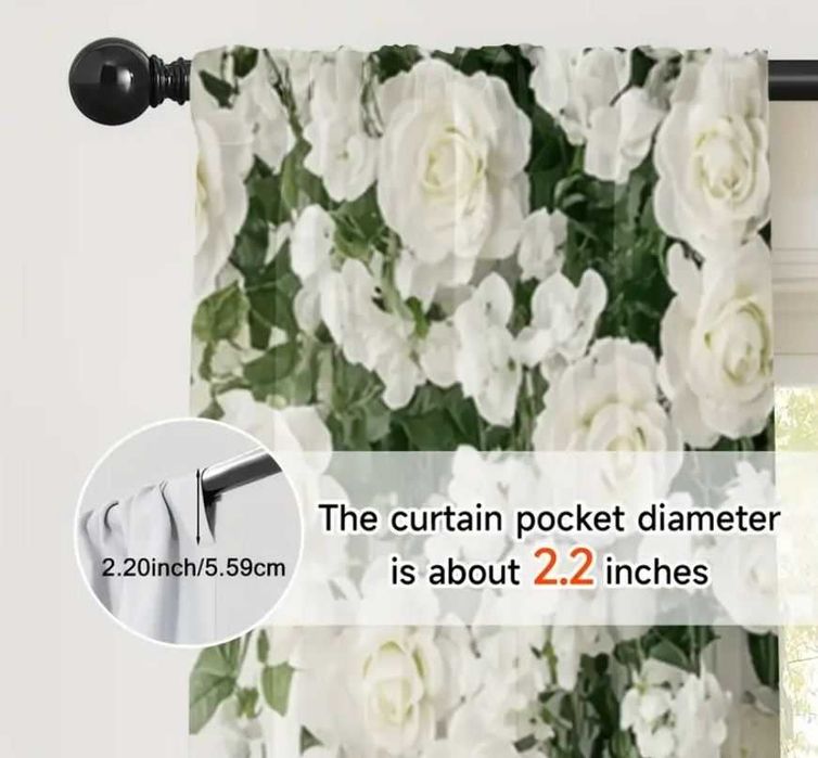ZASŁONY 2D 60x150cm BIAŁE RÓŻE eleganckie z liśćmi na tunelu 2szt h160