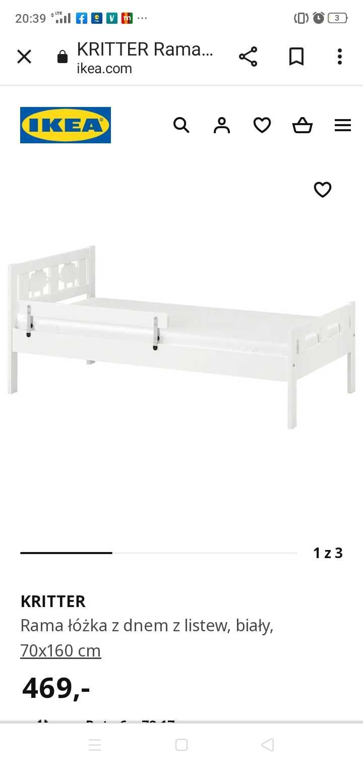 Łóżko dziecięce IKEA-KRITTER,  białe, 70*160 cm.