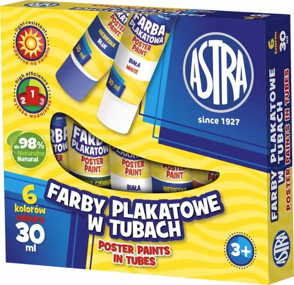 Farby plakatowe w tubie, 6 kolorów 30 ml. Astra