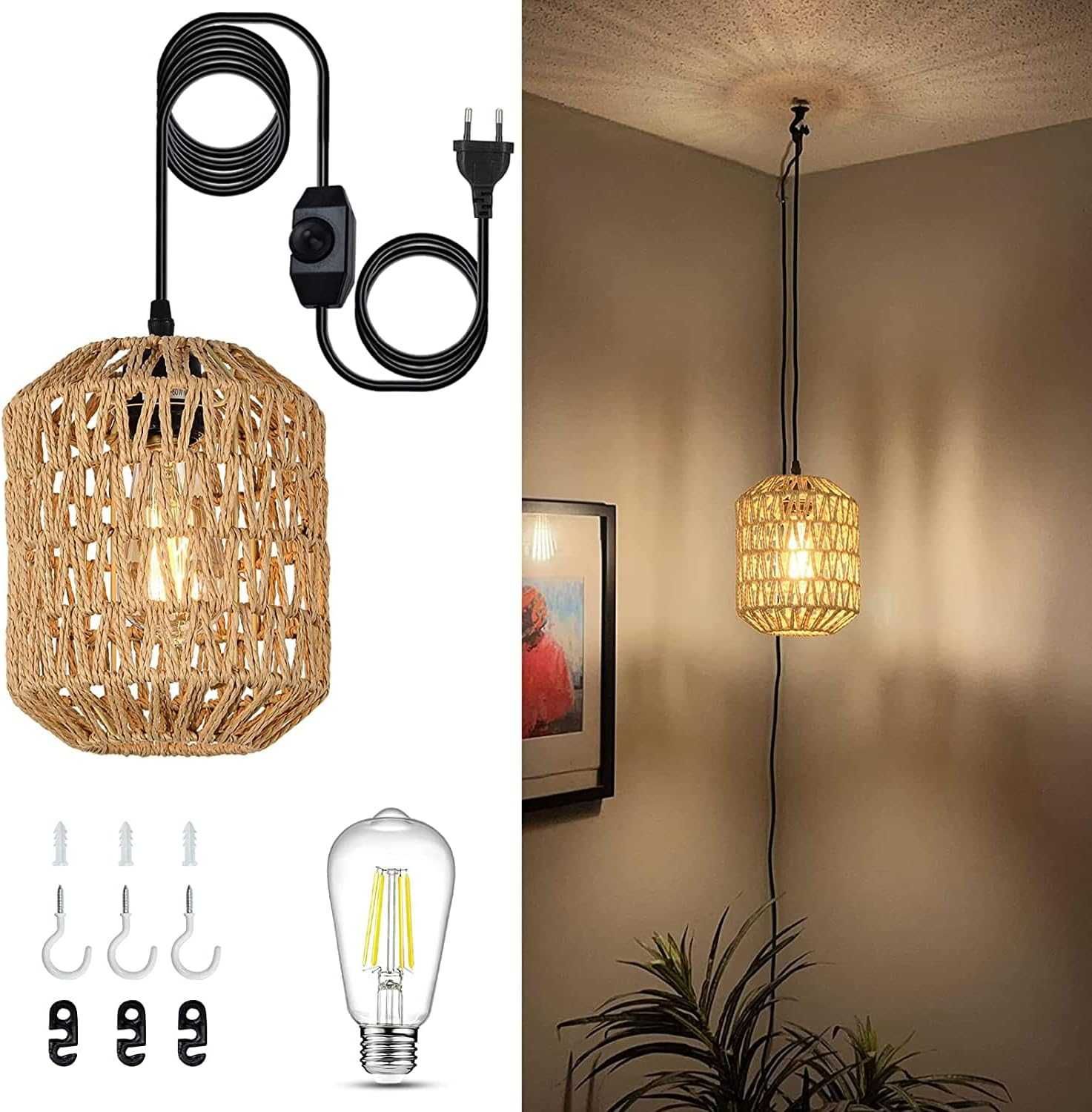 Lampa wisząca, rattanowa, w stylu BOHO, VINTAGE +ŻARÓWKA