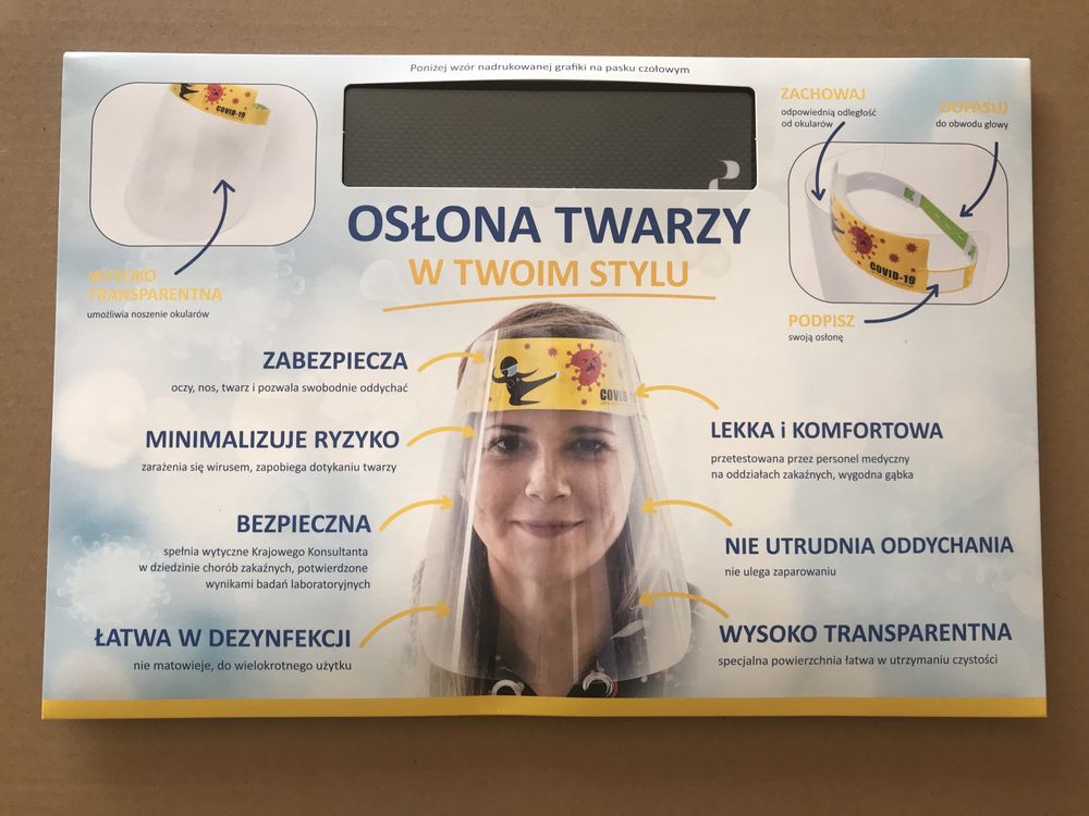 Osłona twarzy przyłbica, w pojedyńczym opakowaniu, dostępne 50 sztuk