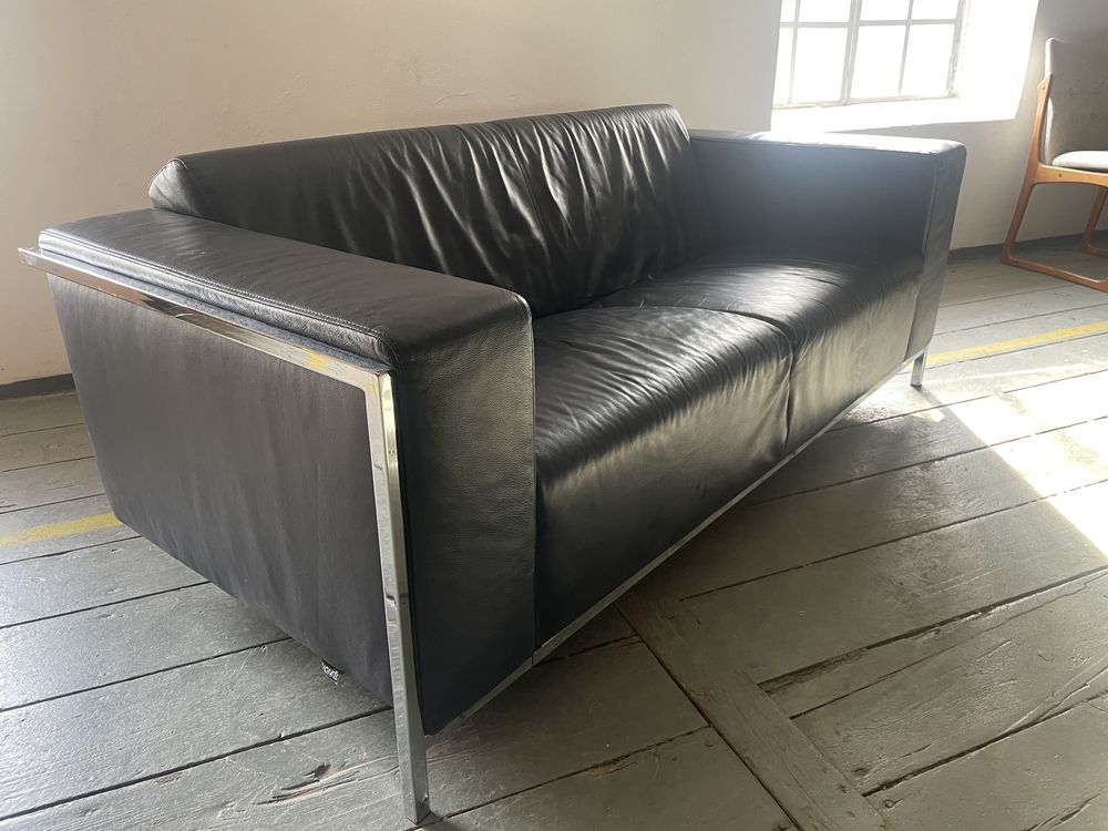 Granatowa skórzana sofa marki MONTEL, vintage, modern , design,