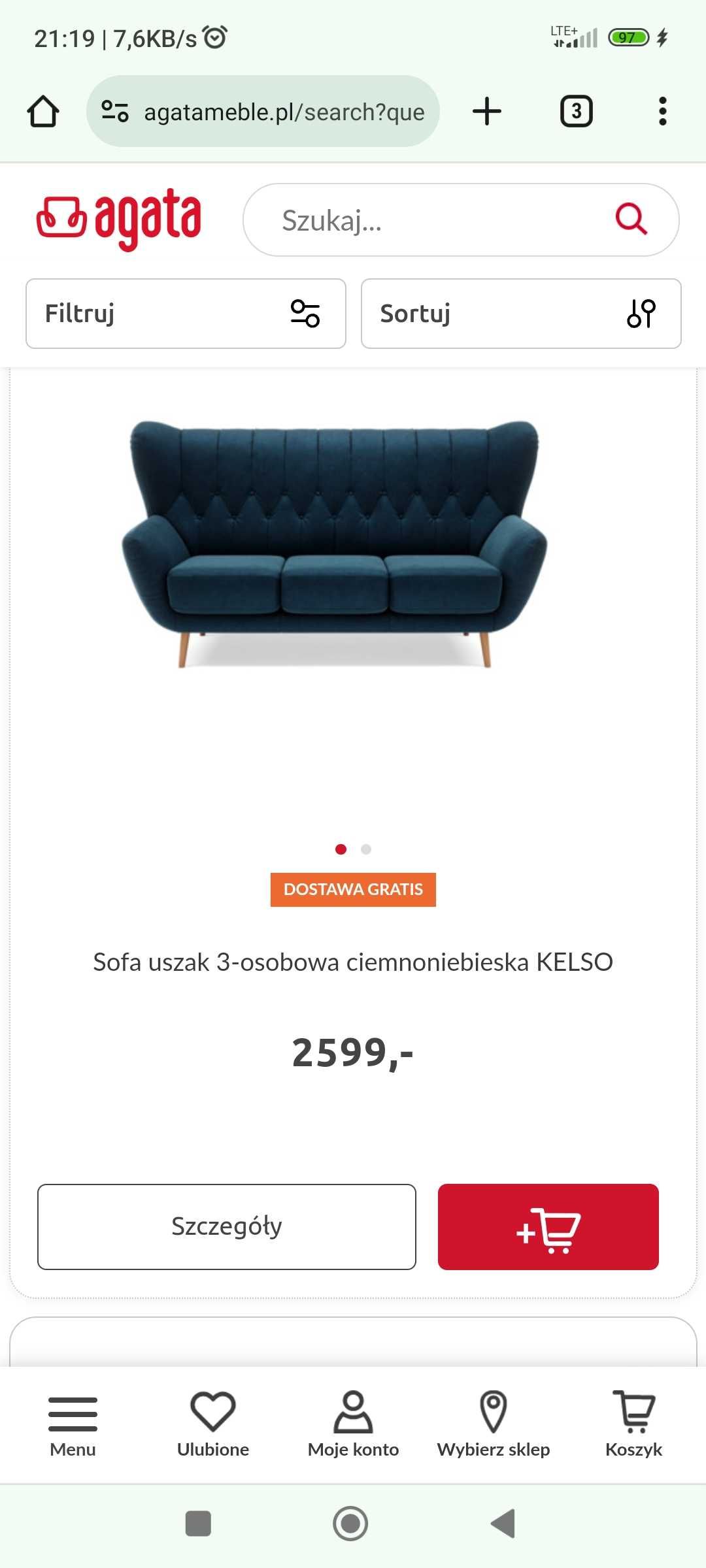 Promo!!! Niebieska sofa uszak Kelso