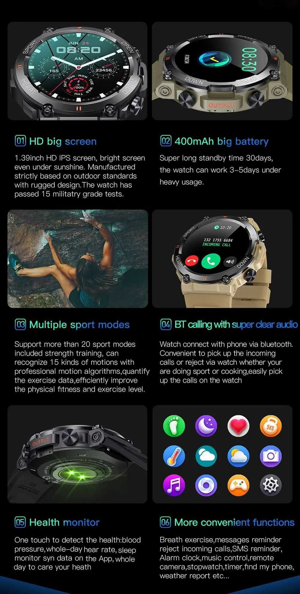 Zegarek Smartwatch Męski Czarny Rozmowy Menu PL Sportowy