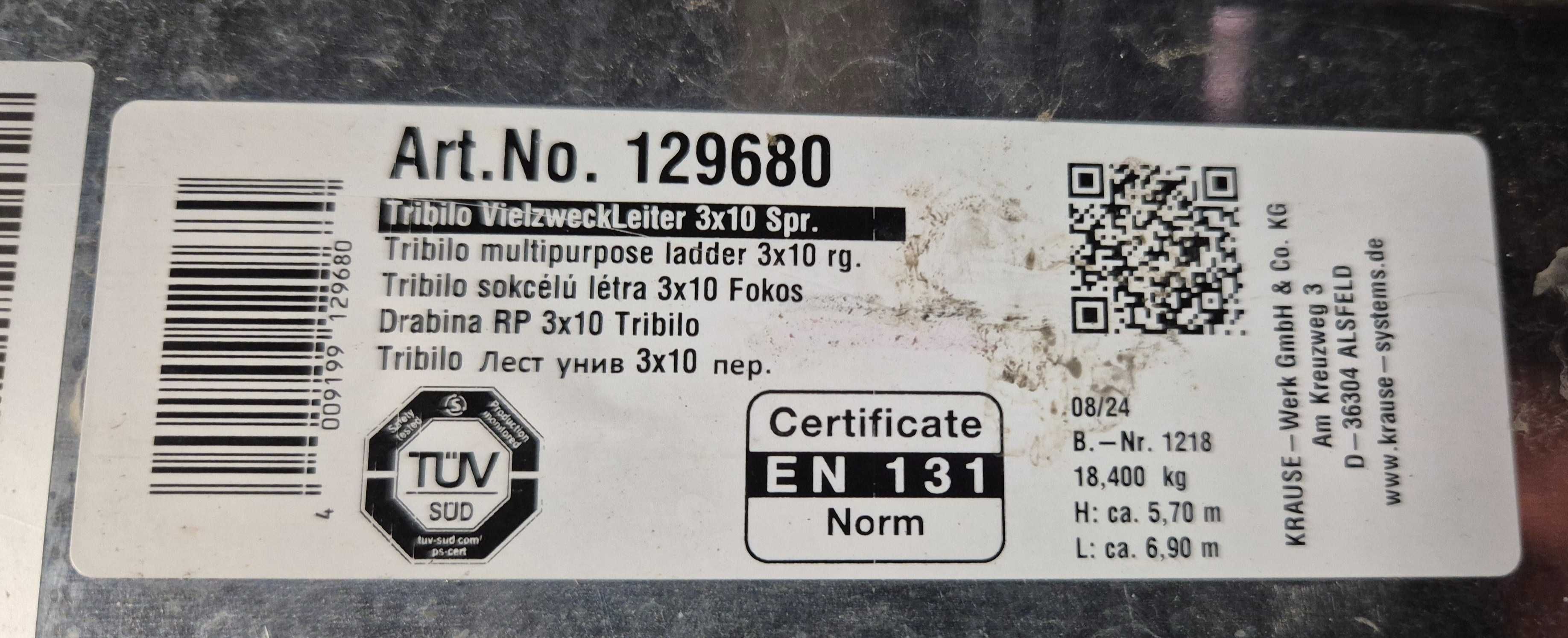 KRAUSE Drabina 129680 TRIBLO 3 x 10 Szczeblowa 6,90m Nowa OE