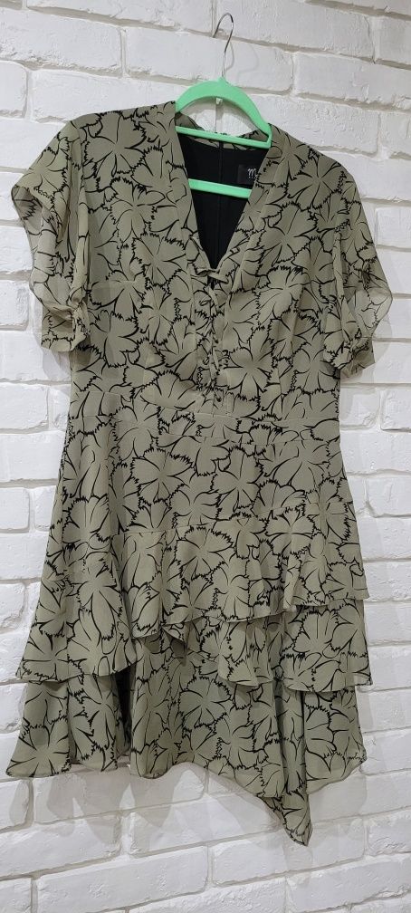 Elegancka sukienka khaki w czarne kwiaty r40 makalu