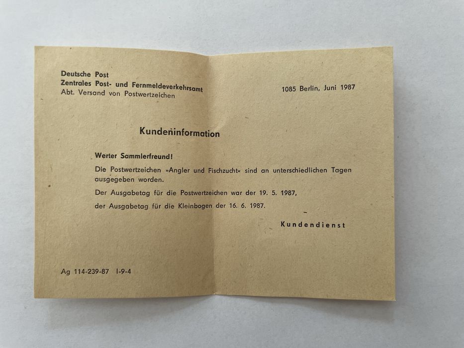 Informacja dla kolekcjonerów DDR 1987 – Angler und Fischzucht