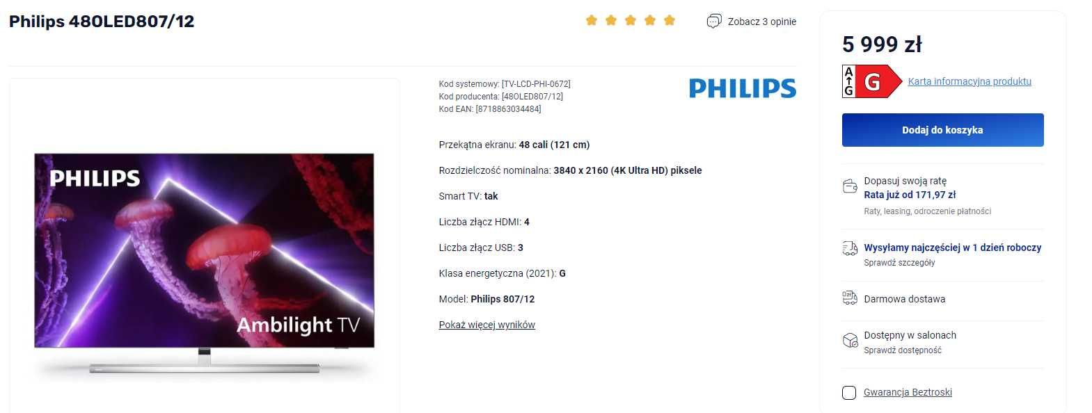 Telewizor Philips 48OLED807/12 OLED , 4K Ambilight