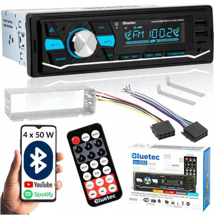 Radio samochodowe bluetooth 5.0 usb sd aux mp3 mikrofon pilot kolory