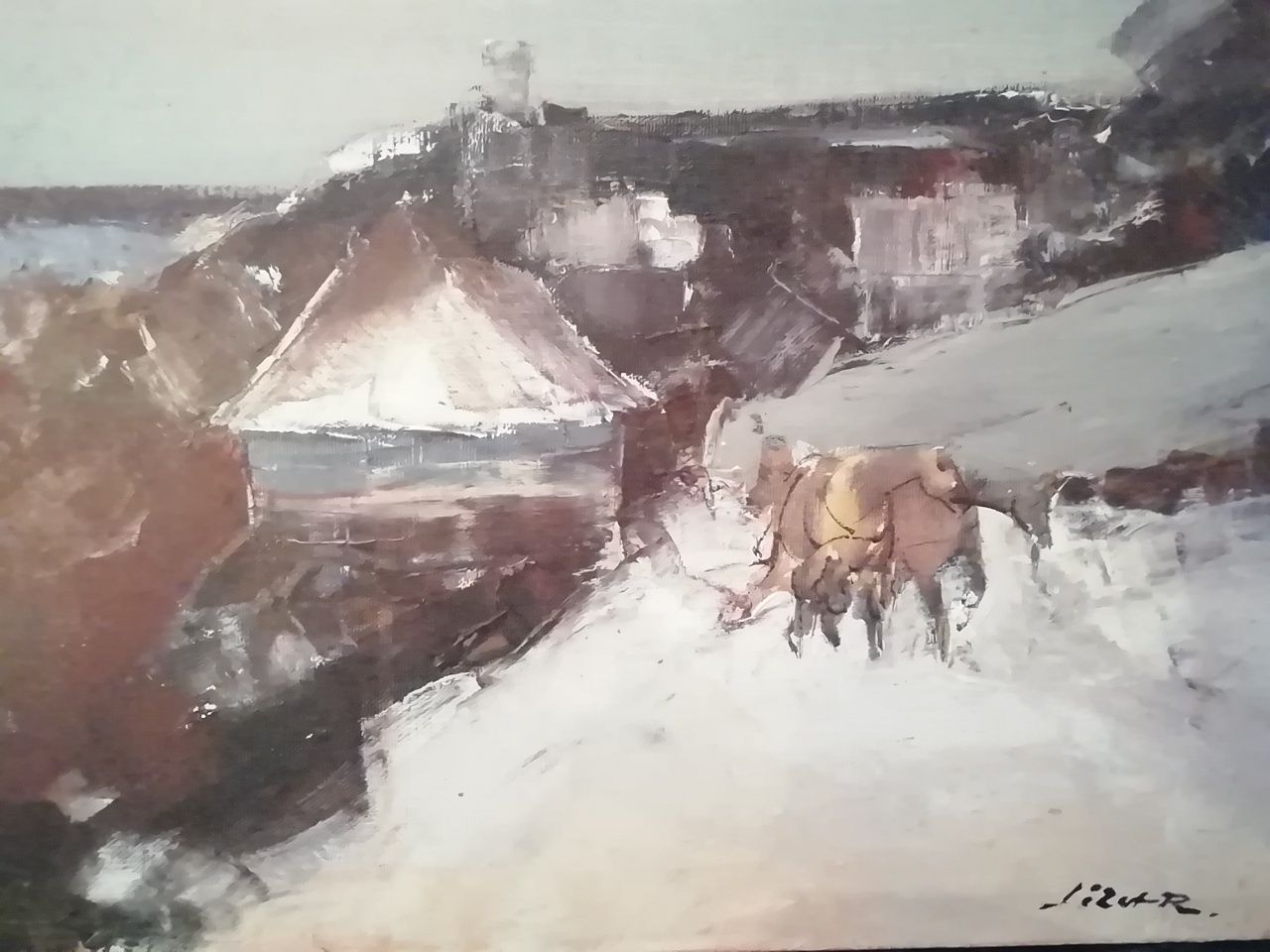 Obraz Kazimierz Dolny nad Wisłą zimą sygn. R. Lizut płótno olej