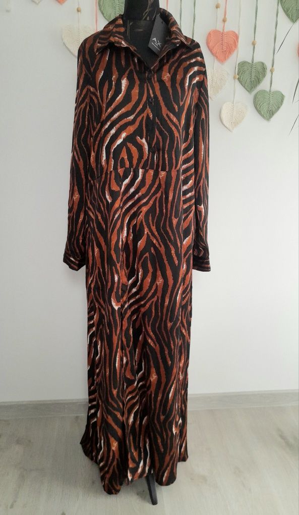 Sukienka maxi długa koszulowa zebra 46 3XL święta