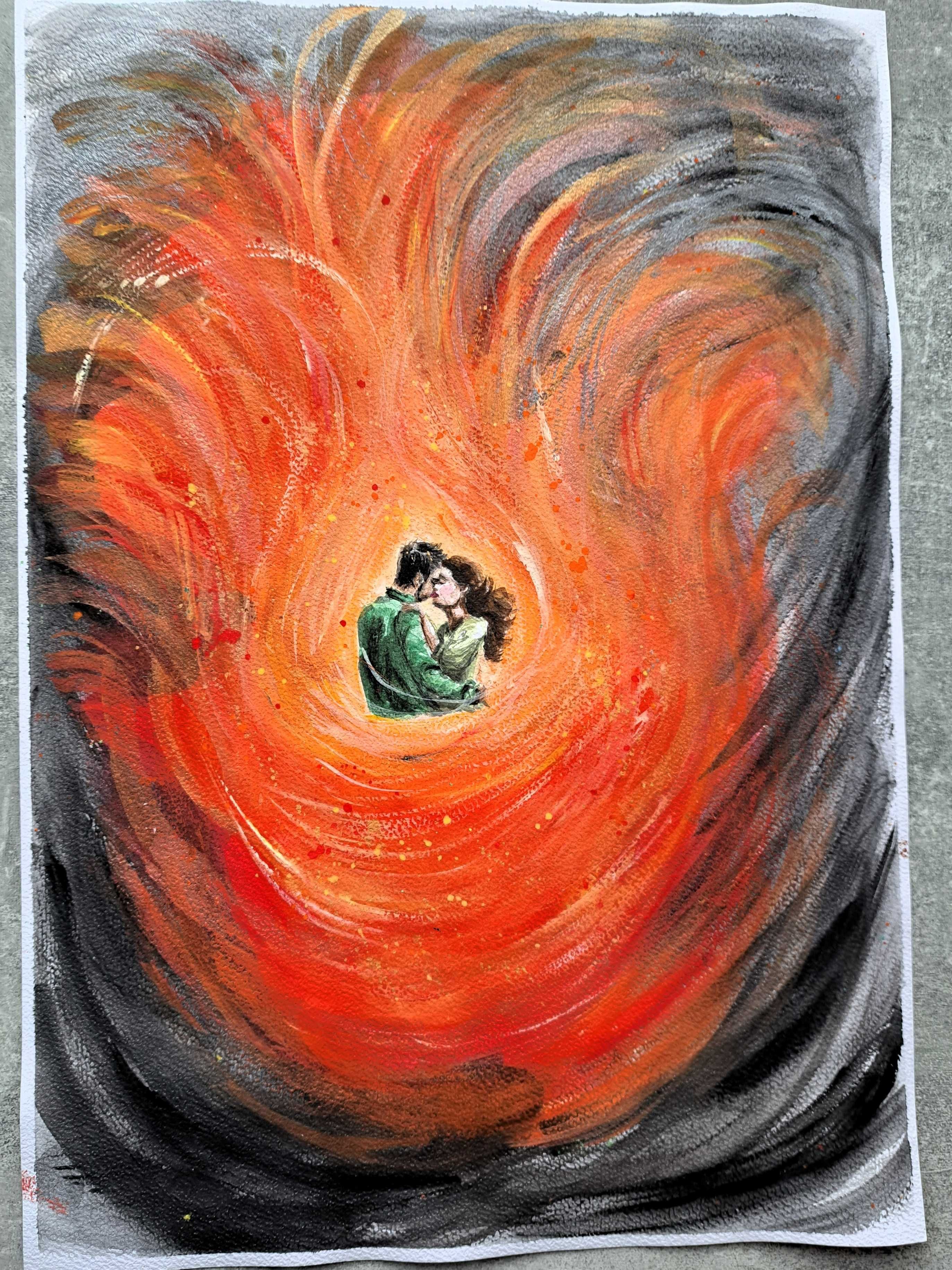 Lovers kochankowie miłość namiętność pasja ogień obraz akwarela 30x42