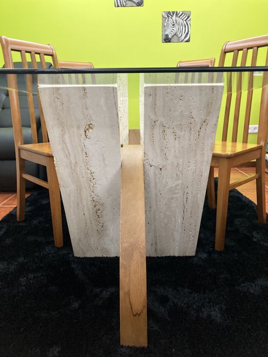 Mesa de Pedra | Vidro como NOVA + 6 Cadeiras