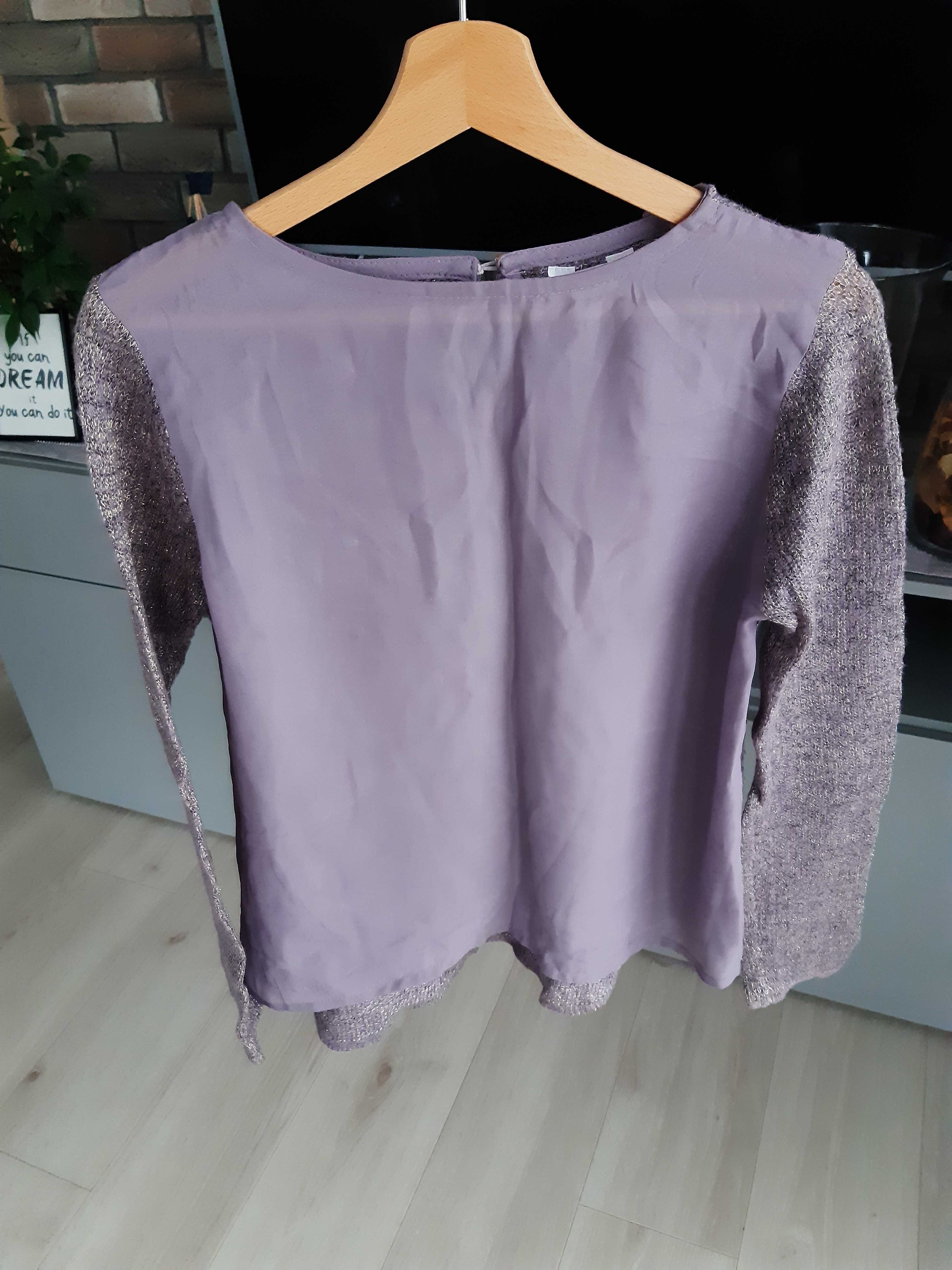 Sweter wrzosowy pastelowy ze złotą nitką dłuższy tył S 36