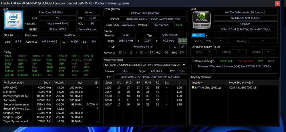 Lenovo IdeaPad 320, i5 4x8, MX150, 12GB, SSD, W11