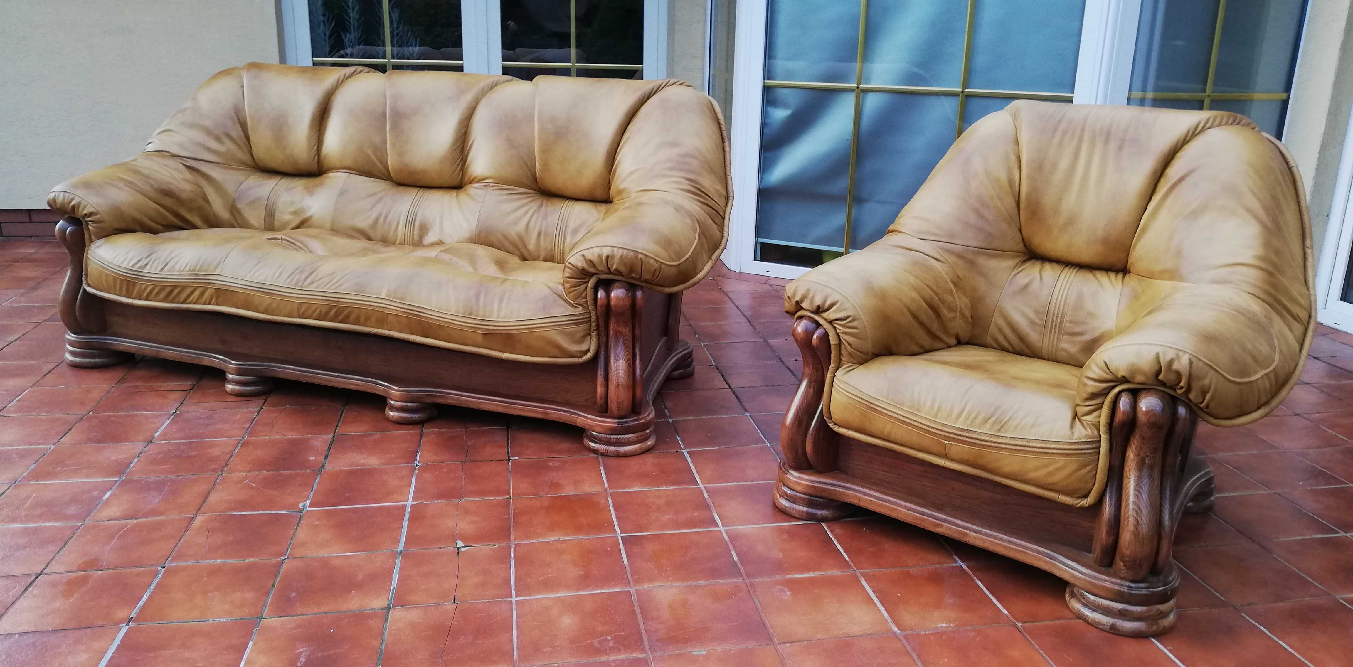 fotele komplet skórzany jasny kanapa wypoczynek skóra relaks sofa 3 kl