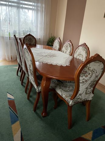 Komplet meble witryna komoda stół+ 8 krzeseł kolor ciemny orzech
