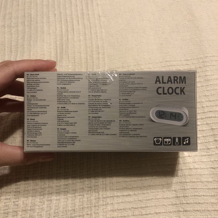 Biały budzik - alarm, drzemka, 9melodii