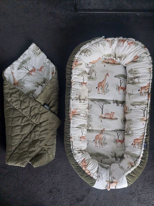 Rożek niemowlęcy i kokon dla noworodka,  zielony khaki, zwierzątka saf