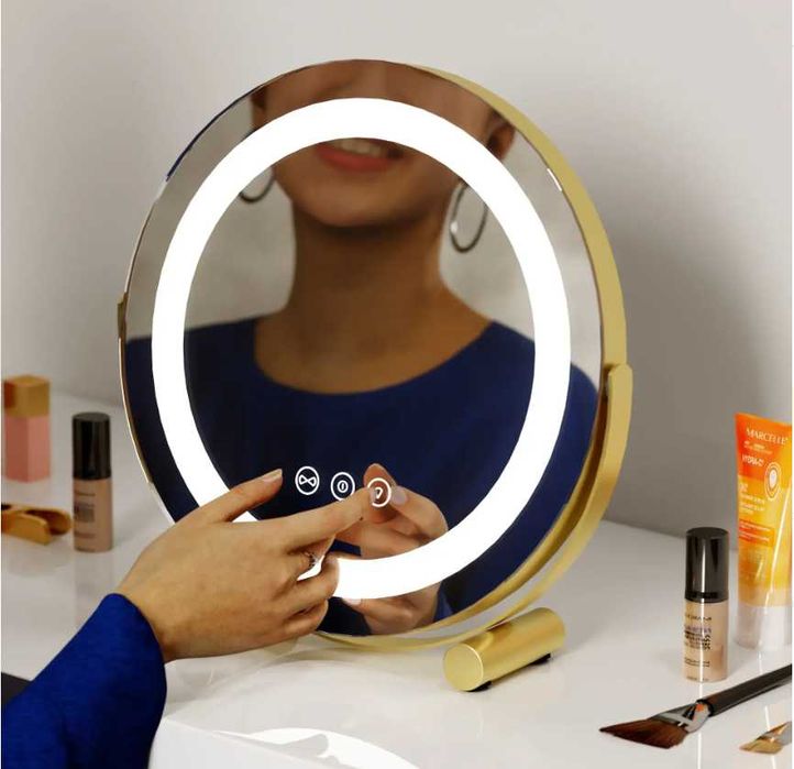 Okrągłe lusterko kosmetyczne 3 odcienie LED USB C złoto szczotkowane