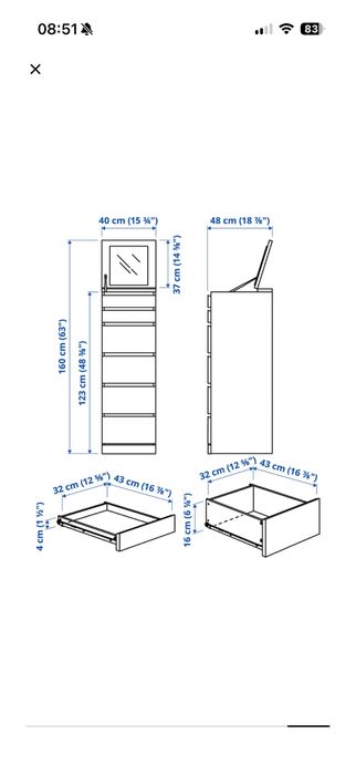 Comoda Malm 6 gavetas,branca com vidro espelhado.