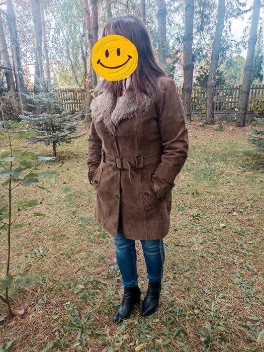 Skórzany płaszcz damski 40 zimowy jesienny z futerkiem skóra naturalna