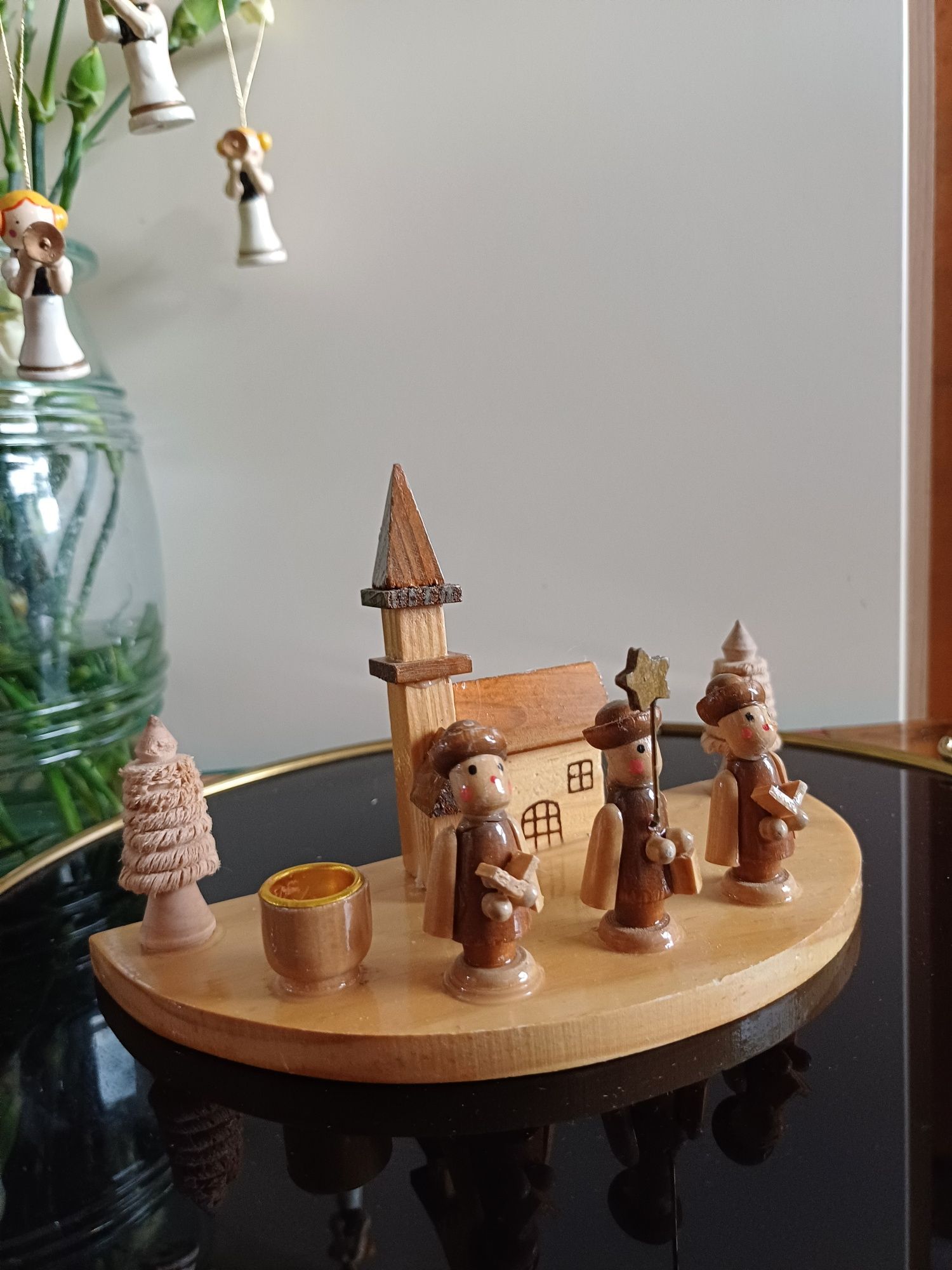 Świecznik mini drewniany vintage kolędnicy figurki stare retro