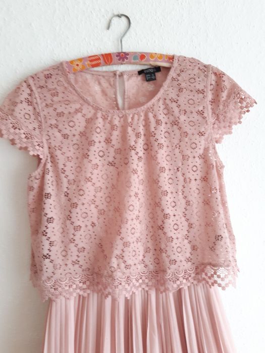 Nowa Długa sukienka plisowana top koronkowy pudrowy róż L XL