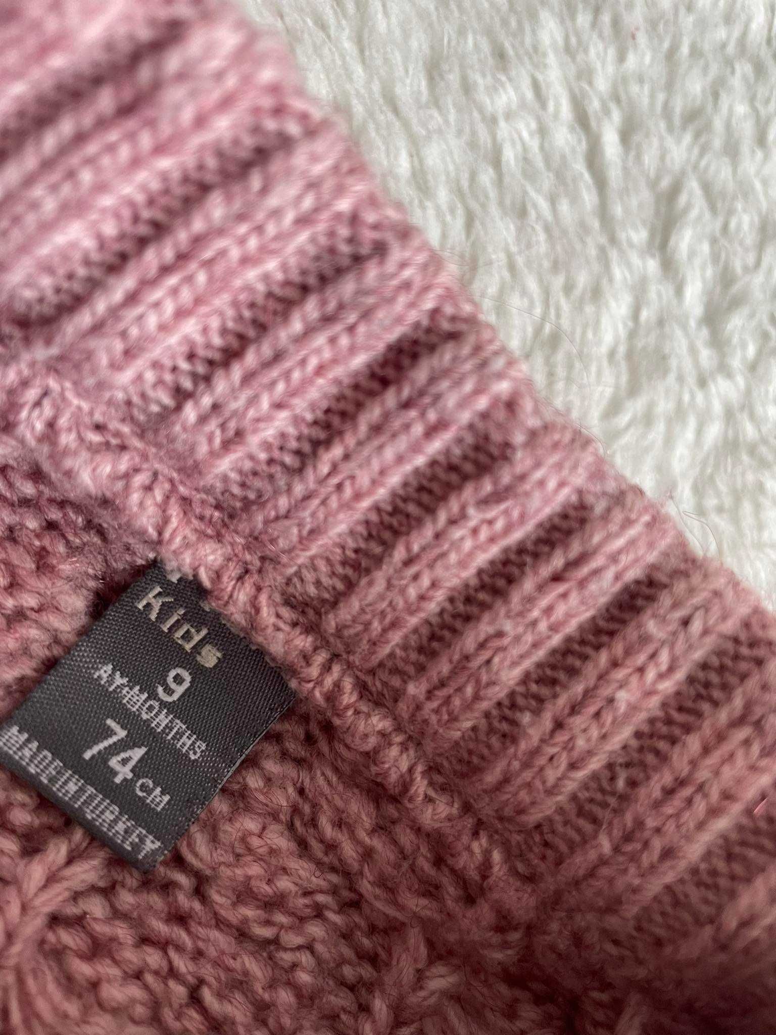 flexi sweter pudrowy róż warkocz 74 r. 9 -12 guziki kardigan z wełną