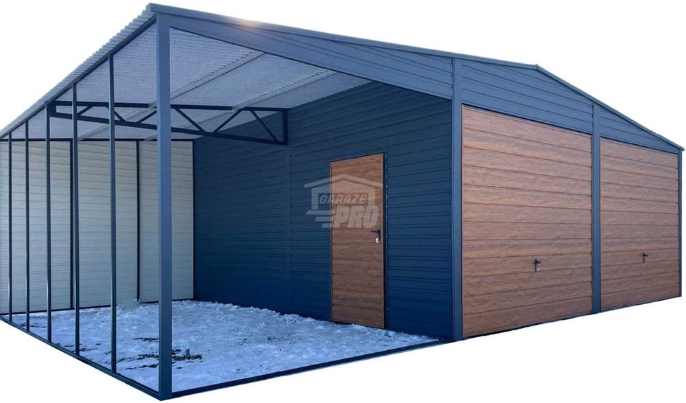 Garaż blaszany 6x6m + wiata 3m - 2x brama uchylna  dach GP585
