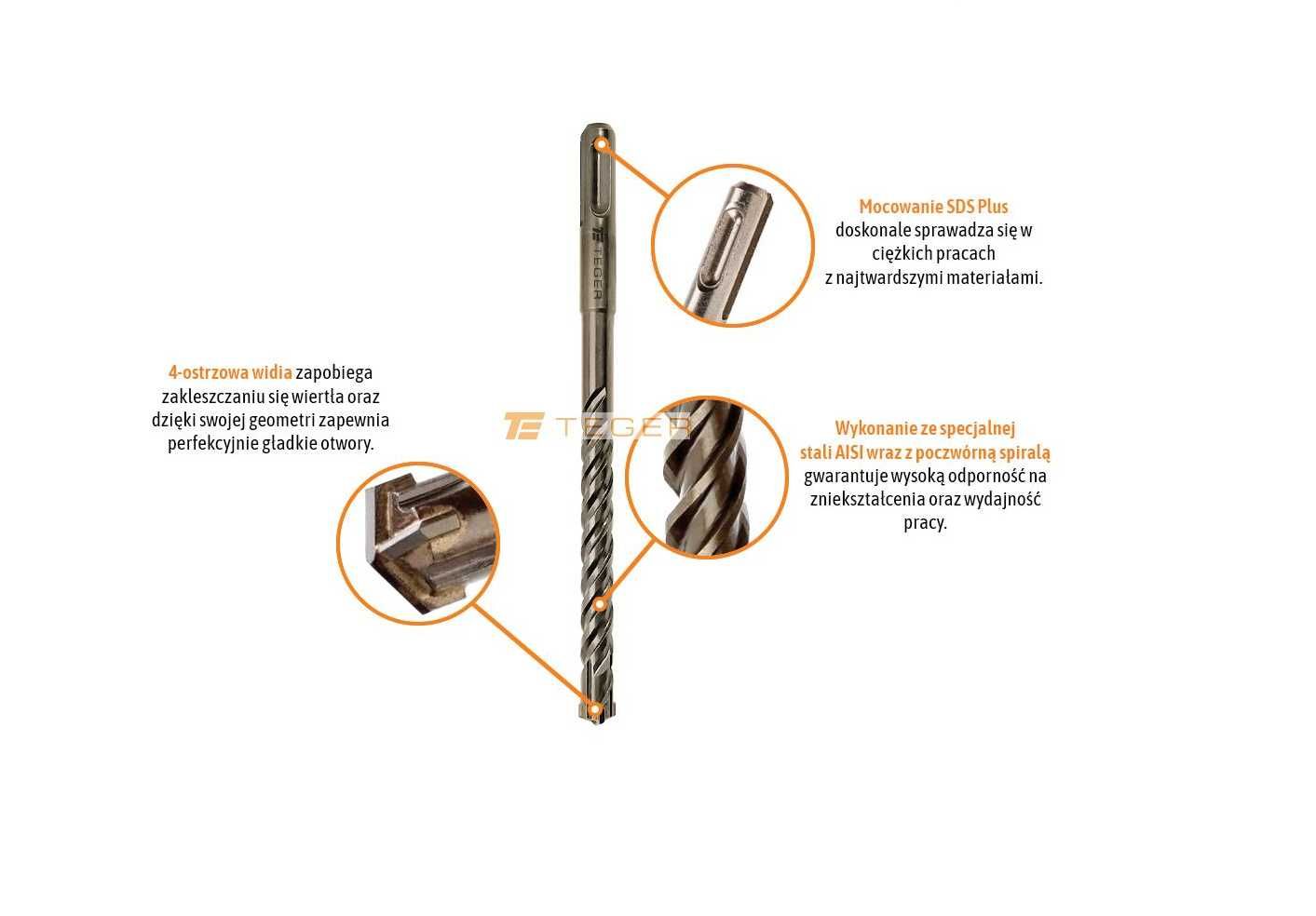 TEGER Wiertło do betonu widiowe - SDS PLUS 4-ostrzowe 10x310 mm