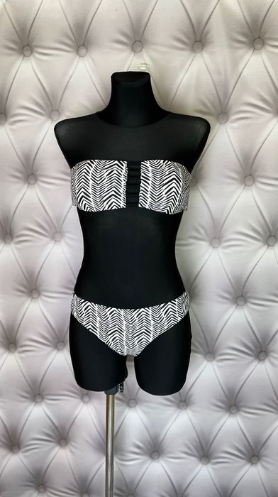 Strój kąpielowy bikini strapless czarny biały paski zebra S M L