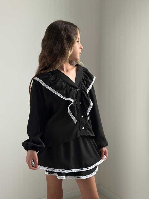 Спідниця - шорти блузка з мережевом для дівчинки підлітка в школу