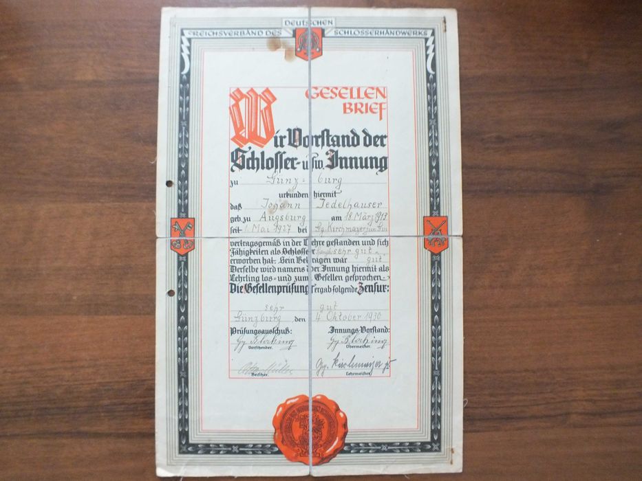 Stare Niemieckie Świadectwo Czeladnicze-Zawód Ślusarz- Günzburg 1930