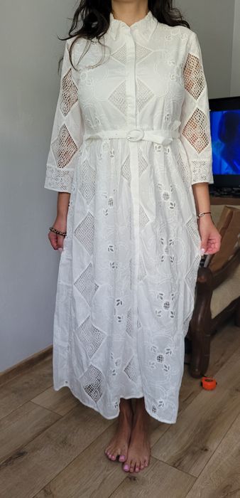 Sukienka długa Zara biała z haftem rozmiar L nowa z metką bawełniana