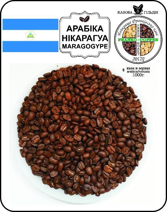 Кава в зернах (кофе) або мелена Арабіка Нікарагуа маргоджип/maragogype