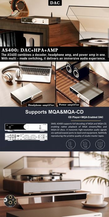 Wzmacniacz stereo DAC 2.1 S.M.S.L AS400 HDMI ARC BT LDAC 2x165W